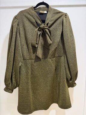 Tie-Neck Long Sleeve Dress in Sparkly Gold